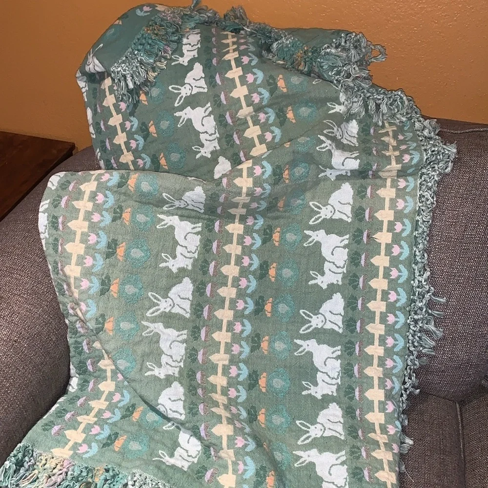 Gently LovedVintage Green and White Bunny Pattern Throw Blanket by Wilton Court